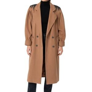 Vintage 80s Brown Double Breasted Leather Black Accents Long Wool Peacoat size L